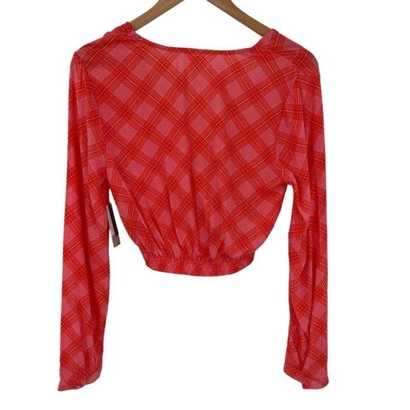 BP Surplice V-Neck Long Sleeve Crop Top Plaid Orange Pink Juniors Women XS‎ NWT - Picture 3 of 6